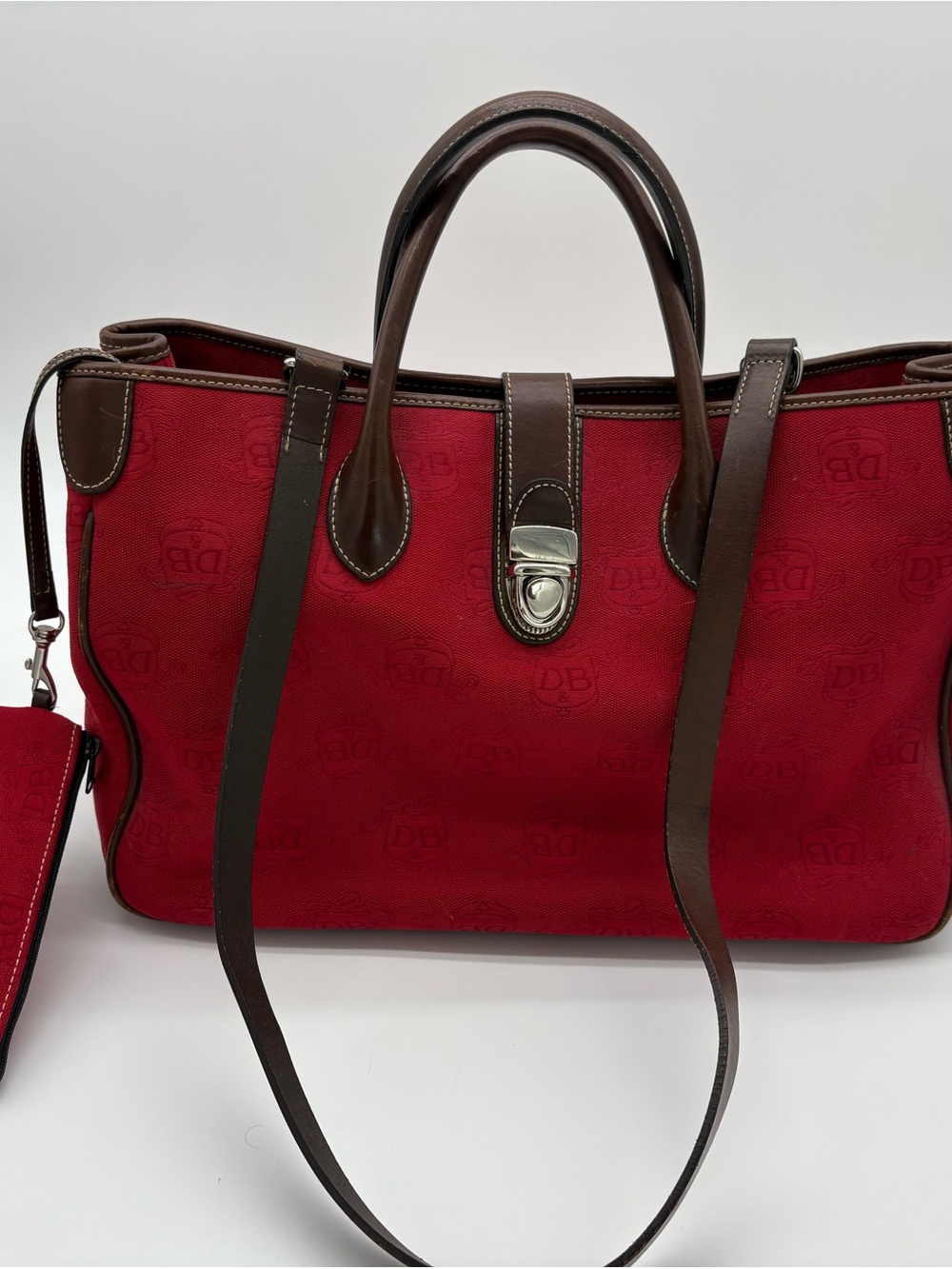 Dooney & Bourke Red Canvas Tote with Brown Leather Trim w/ change purse